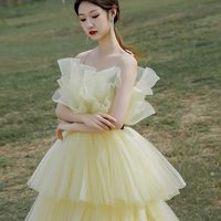 Yellow tulle long ball gown dress A line evening gown - Thumbnail 1