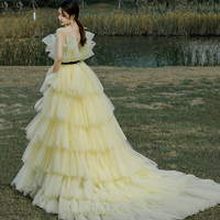 Yellow tulle long ball gown dress A line evening gown - Thumbnail 3