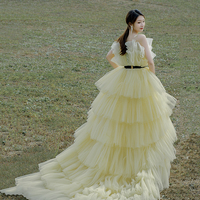Yellow tulle long ball gown dress A line evening gown - Thumbnail 4