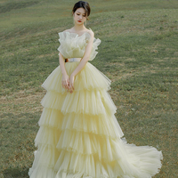 Yellow tulle long ball gown dress A line evening gown - Thumbnail 6