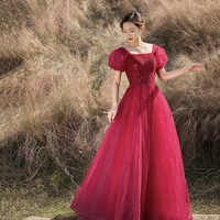 Red tulle beads long prom dress A line evening gown - Thumbnail 1