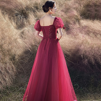 Red tulle beads long prom dress A line evening gown - Thumbnail 3