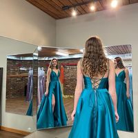 Cute A Line V Neck Spaghetti Straps Peacock Blue Prom Dresses with Pockets - Thumbnail 1