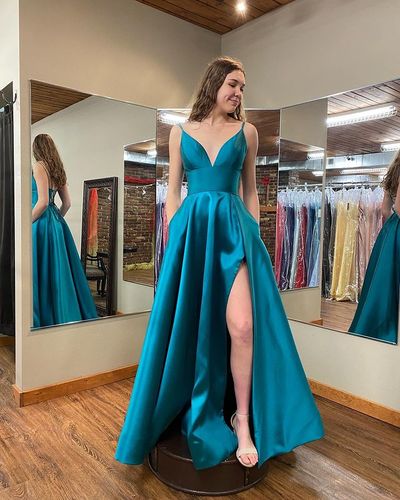 Cute A Line V Neck Spaghetti Straps Peacock Blue Prom Dresses with Pockets