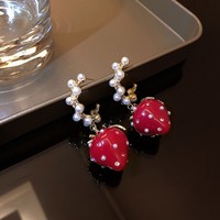Sweet red strawberry pearl long earrings - Thumbnail 1