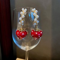 Sweet red strawberry pearl long earrings - Thumbnail 2