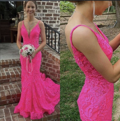 Fuchsia Mermaid Prom Dresses with Appliques Lace