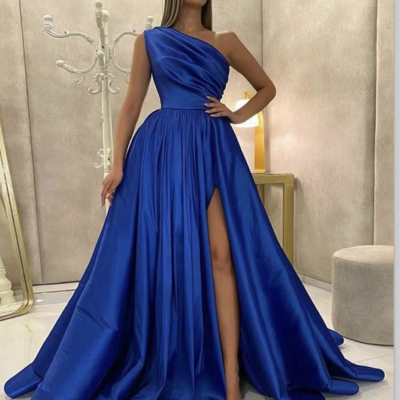 Royal blue  one shoulder prom dresses slit  - Thumbnail 4