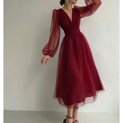 Gorgeous a-line v neck long sleeves burgundy black tulle tea length prom evening dresses,708 - Thumbnail 3
