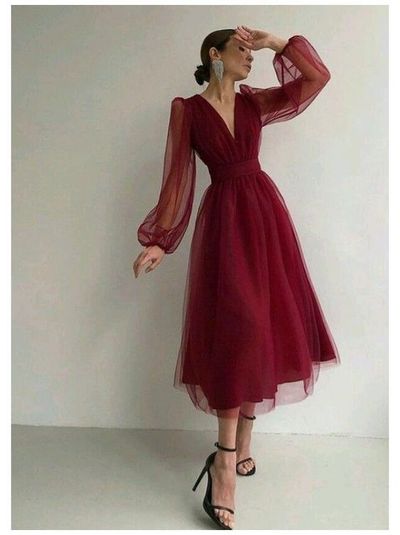 Gorgeous A-Line V Neck Long Sleeves Burgundy Black Tulle Tea Length Prom Evening Dresses,708