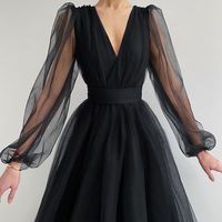 Gorgeous A-Line V Neck Long Sleeves Burgundy Black Tulle Tea Length Prom Evening Dresses,708 - Thumbnail 1