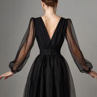 Gorgeous A-Line V Neck Long Sleeves Burgundy Black Tulle Tea Length Prom Evening Dresses,708 - Thumbnail 2