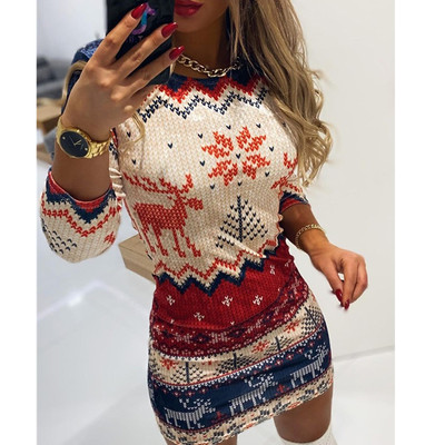 Round Neck Print Sexy Long Sleeve Dress