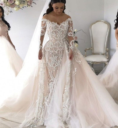 Off the Shoulder Long Sleeve Ivory Lace Wedding Dresses,714