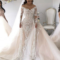 Off the Shoulder Long Sleeve Ivory Lace Wedding Dresses,714 - Thumbnail 2