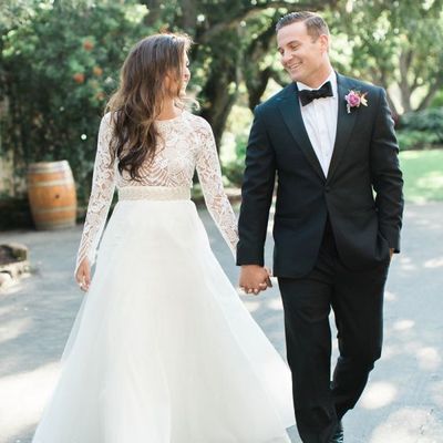 Gorgeous a-line round neck long sleeve white wedding dress spring bride gown,715 - Thumbnail 1