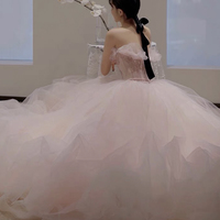 Pink tulle sequins long prom gown A line evening gown - Thumbnail 2