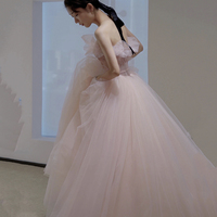 Pink tulle sequins long prom gown A line evening gown - Thumbnail 5