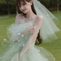 Green tulle lace long prom dress evening dress - Thumbnail 1