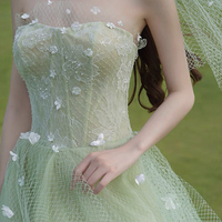 Green tulle lace long prom dress evening dress - Thumbnail 2