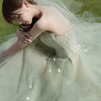 Green tulle lace long prom dress evening dress - Thumbnail 3