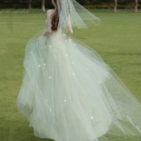 Green tulle lace long prom dress evening dress - Thumbnail 4