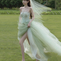 Green tulle lace long prom dress evening dress - Thumbnail 6