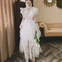 White tulle lace long prom dress evening dress - Thumbnail 1