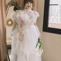 White tulle lace long prom dress evening dress - Thumbnail 3