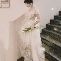 White tulle lace long prom dress evening dress - Thumbnail 4