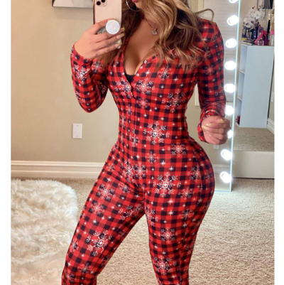 Women's Red Plaid Printed Long Sleeve Skinny Jumpsuit