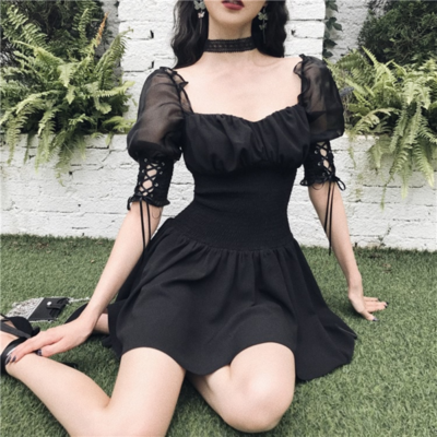 Puff sleeve black lace up gothic dress,black short homecoming dresses,1266