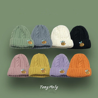 Bee Embroidery Beanies Knit Hat 8 Colors - Thumbnail 2