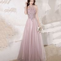Pink tulle beads long prom dress A line evening gown - Thumbnail 3