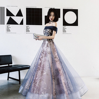 Blue tulle sequins long prom dress evening gown - Thumbnail 1