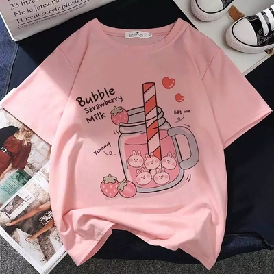 Cute Pastel Pink Strawberry Peach Juice Cartoon Print Loose Short Sleeve Shirt Aesthetic Casual E-Girl Kawaii Korean Japanese Harajuku