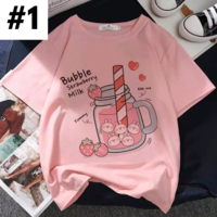 Cute Pastel Pink Strawberry Peach Juice Cartoon Print Loose Short Sleeve Shirt Aesthetic Casual E-Girl Kawaii Korean Japanese Harajuku - Thumbnail 1