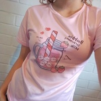Cute Pastel Pink Strawberry Peach Juice Cartoon Print Loose Short Sleeve Shirt Aesthetic Casual E-Girl Kawaii Korean Japanese Harajuku - Thumbnail 7