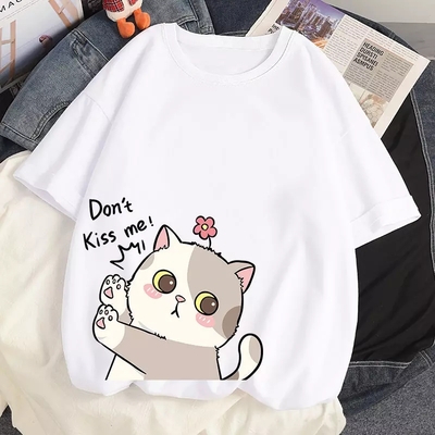 Cute cat kitten don't kiss me graphic cartoon print loose short sleeve t-shirt aesthetic casual summer e-girl kawaii korean japanese harajuku - Thumbnail 4