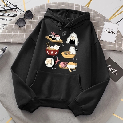 Cute cat sushi cartoon print oversized hoodie fleece sweatshirt pullover aesthetic casual e-girl kawaii korean japanese harajuku - Thumbnail 5