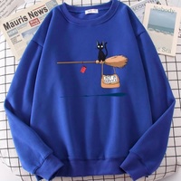 Cute Black Cat Japanese Anime Cartoon Print Oversized Fleece Crewneck - Thumbnail 4