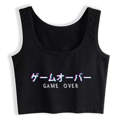 Cute black kanji game over vaporwave crop top tank sleeveless shirt aesthetic casual e-girl kawaii korean japanese harajuku - Thumbnail 4