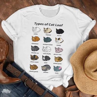 Cute Cat Loaf Cartoon Graphic Print White Short Sleeve T-shirt Aesthetic Casual E-Girl Kawaii Korean Japanese Harajuku