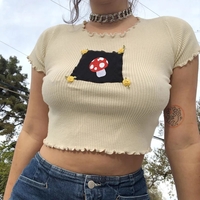 Cute Brown Mushroom Print Short Sleeve Shirt Crop Top Frill Ruffles Punk Aesthetic Casual E-Girl Kawaii Korean Japanese Harajuku - Thumbnail 3