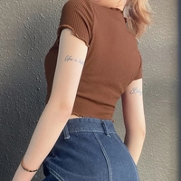 Cute Brown Mushroom Print Short Sleeve Shirt Crop Top Frill Ruffles Punk Aesthetic Casual E-Girl Kawaii Korean Japanese Harajuku - Thumbnail 5