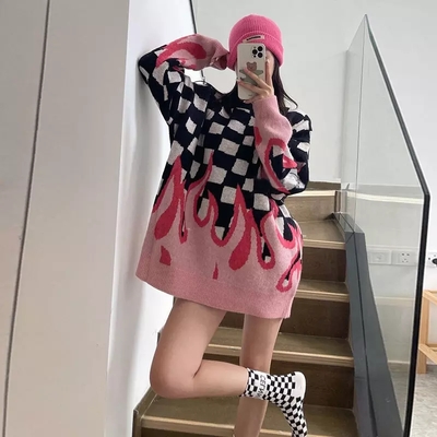 Cute hot pink flames fire checkerboard plaid oversized knit sweater pullover aesthetic casual e-girl kawaii korean japanese harajuku - Thumbnail 5