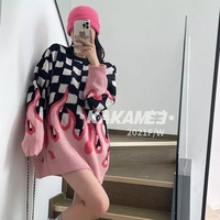 Cute Hot Pink Flames Fire Checkerboard Plaid Oversized Knit Sweater Pullover Aesthetic Casual E-Girl Kawaii Korean Japanese Harajuku - Thumbnail 1