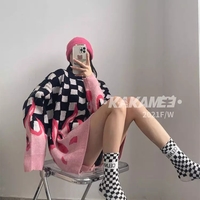 Cute Hot Pink Flames Fire Checkerboard Plaid Oversized Knit Sweater Pullover Aesthetic Casual E-Girl Kawaii Korean Japanese Harajuku - Thumbnail 2