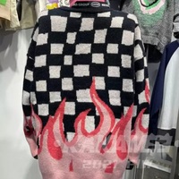 Cute Hot Pink Flames Fire Checkerboard Plaid Oversized Knit Sweater Pullover Aesthetic Casual E-Girl Kawaii Korean Japanese Harajuku - Thumbnail 4