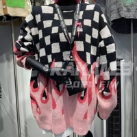 Cute Hot Pink Flames Fire Checkerboard Plaid Oversized Knit Sweater Pullover Aesthetic Casual E-Girl Kawaii Korean Japanese Harajuku - Thumbnail 5